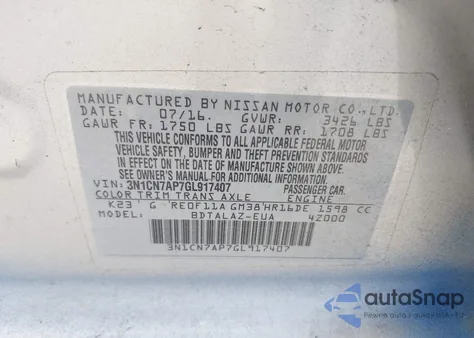 2016 Nissan Versa 1.6 S+ from USA, damaged, VIN 3N1CN7AP7GL917407